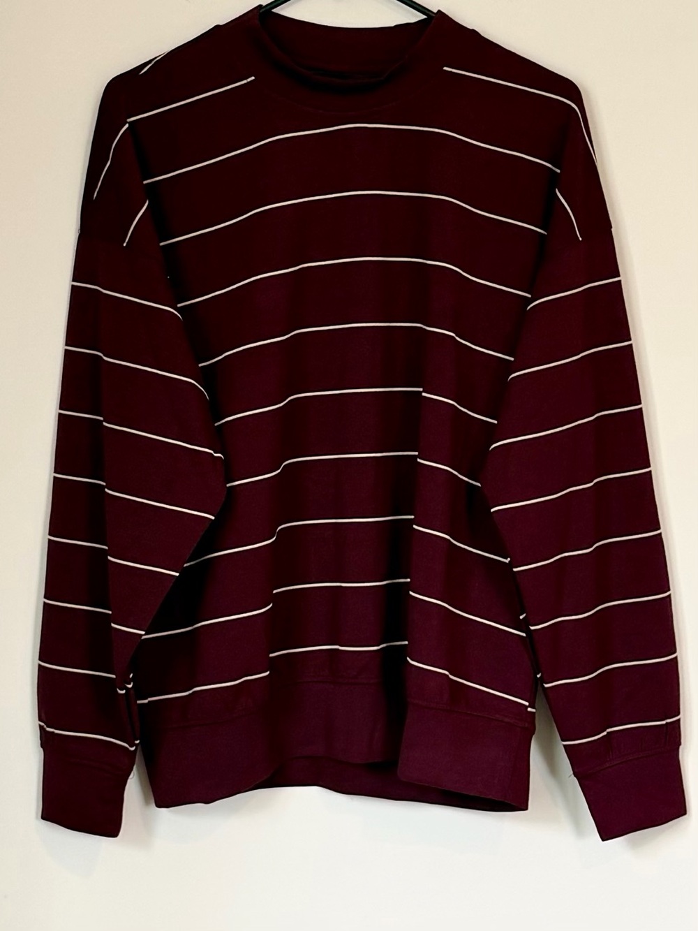 Rae Mode Women's Burgundy Crewneck Sweater with White Stripes - Size: Medium